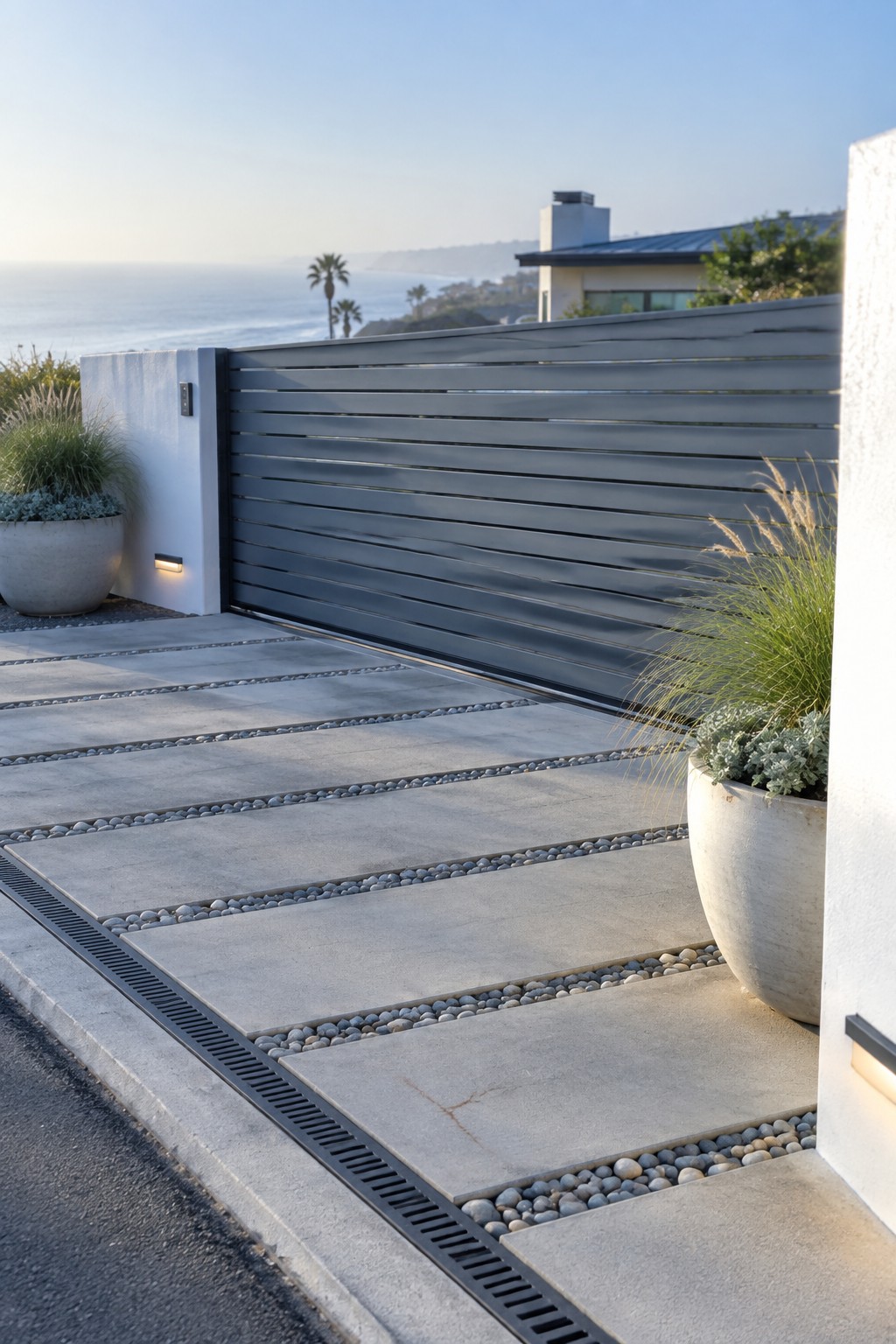 A wide modern driveway gate with dark horizontal slats set beside a concrete driveway with pebble borders, potted plants, and an ocean view beyond.