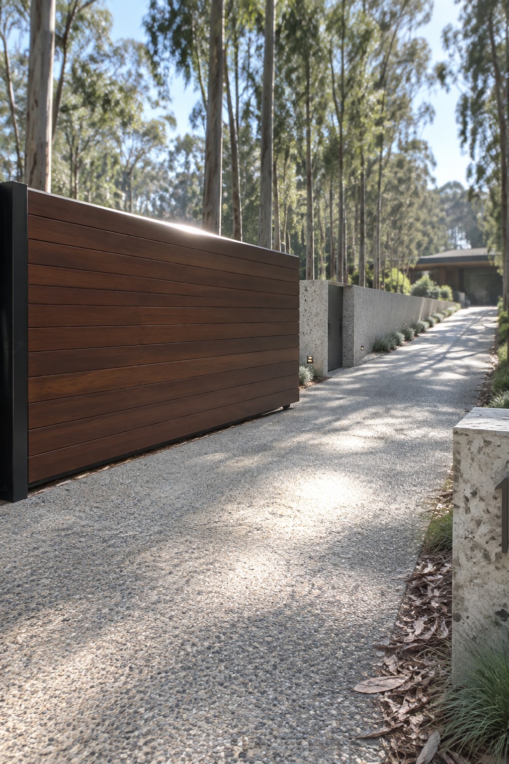A wide wooden driveway gate with horizontal slats beside a concrete wall and gravel path leading into a tree-lined driveway.