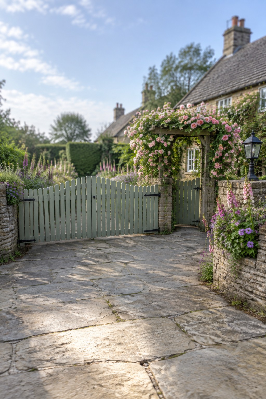 Stone path through green gate under pink rose-covered archway to cottage garden.