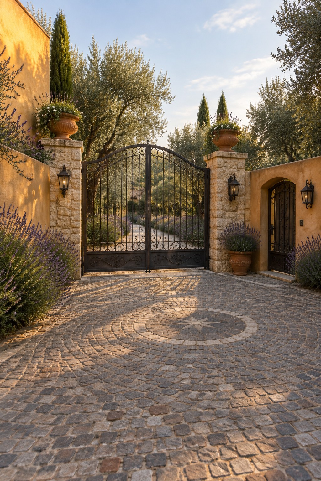 A wide ornate black metal driveway gate stands open between two stone pillars on a circular cobblestone driveway, with lavender plants and trees visible beyond.