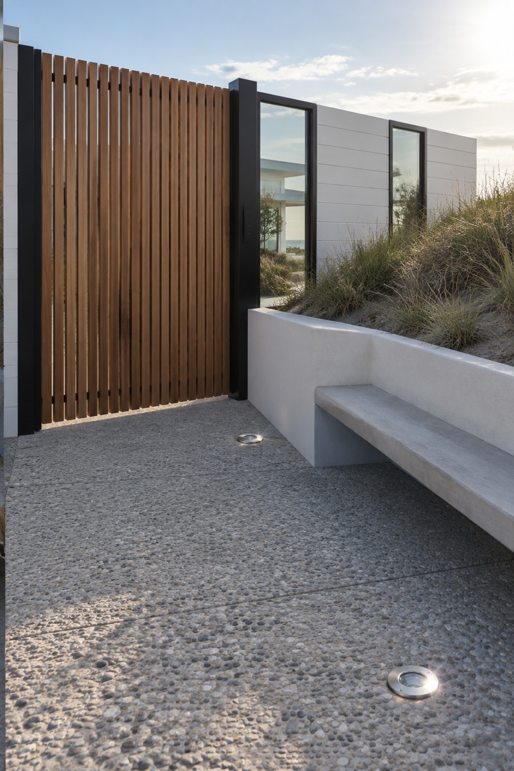 A wide vertical wood slat driveway gate with black frame next to a white modern building, concrete bench, and pebble surface.