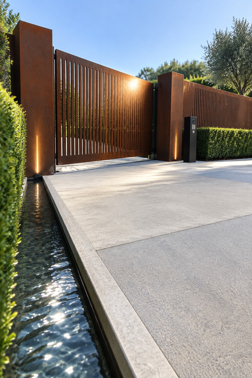 A wide rusted metal driveway gate with vertical slats sits between matching pillars with vertical lights, next to a narrow water channel and trimmed hedge.