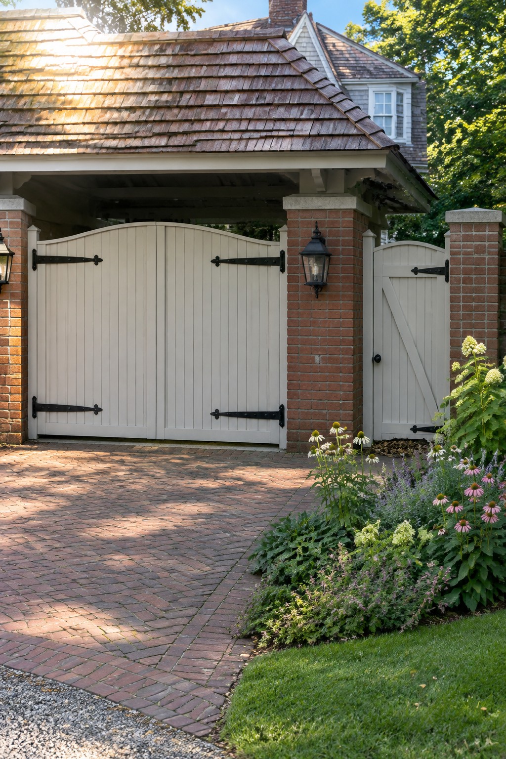 Wide off-white double driveway gates between brick pillars on a herringbone brick driveway, with a smaller matching pedestrian gate on the right and garden beds in front.