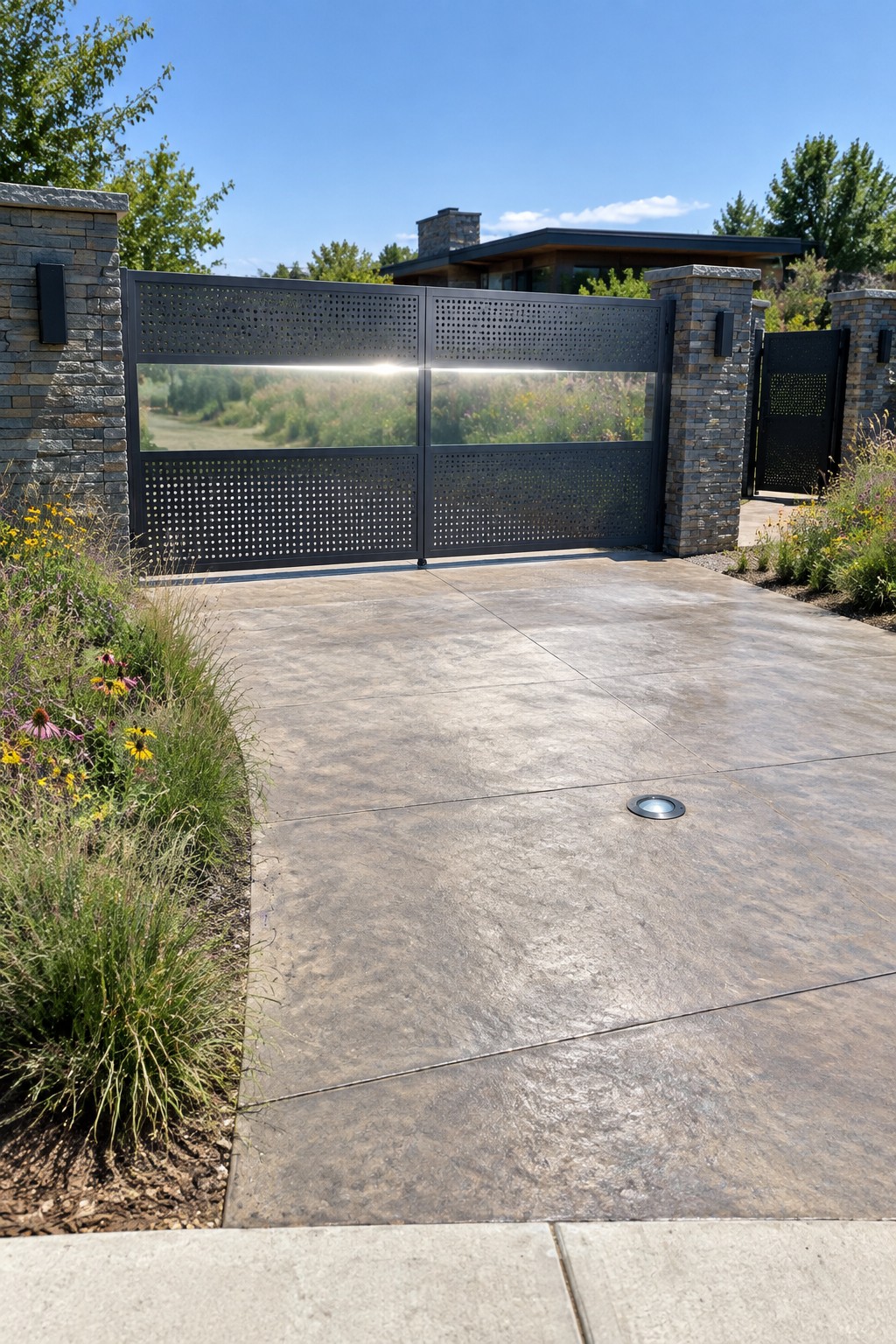 A wide modern double driveway gate featuring perforated metal panels and a horizontal glass section, set between stone pillars on a concrete driveway.