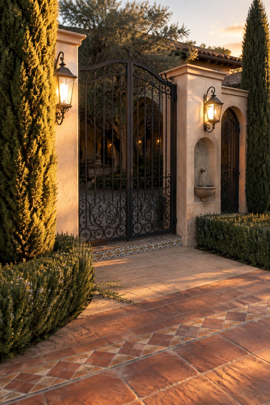 A wide black metal driveway gate with ornate scrollwork stands between stucco pillars with lit lanterns and opens onto a terracotta tiled driveway flanked by tall shrubs.