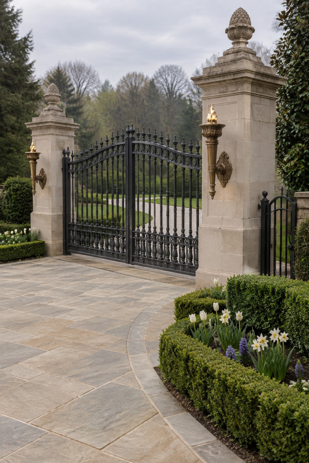 A wide black wrought iron driveway gate stands open between two tall stone pillars topped with lights, bordered by green shrubs and white tulips.