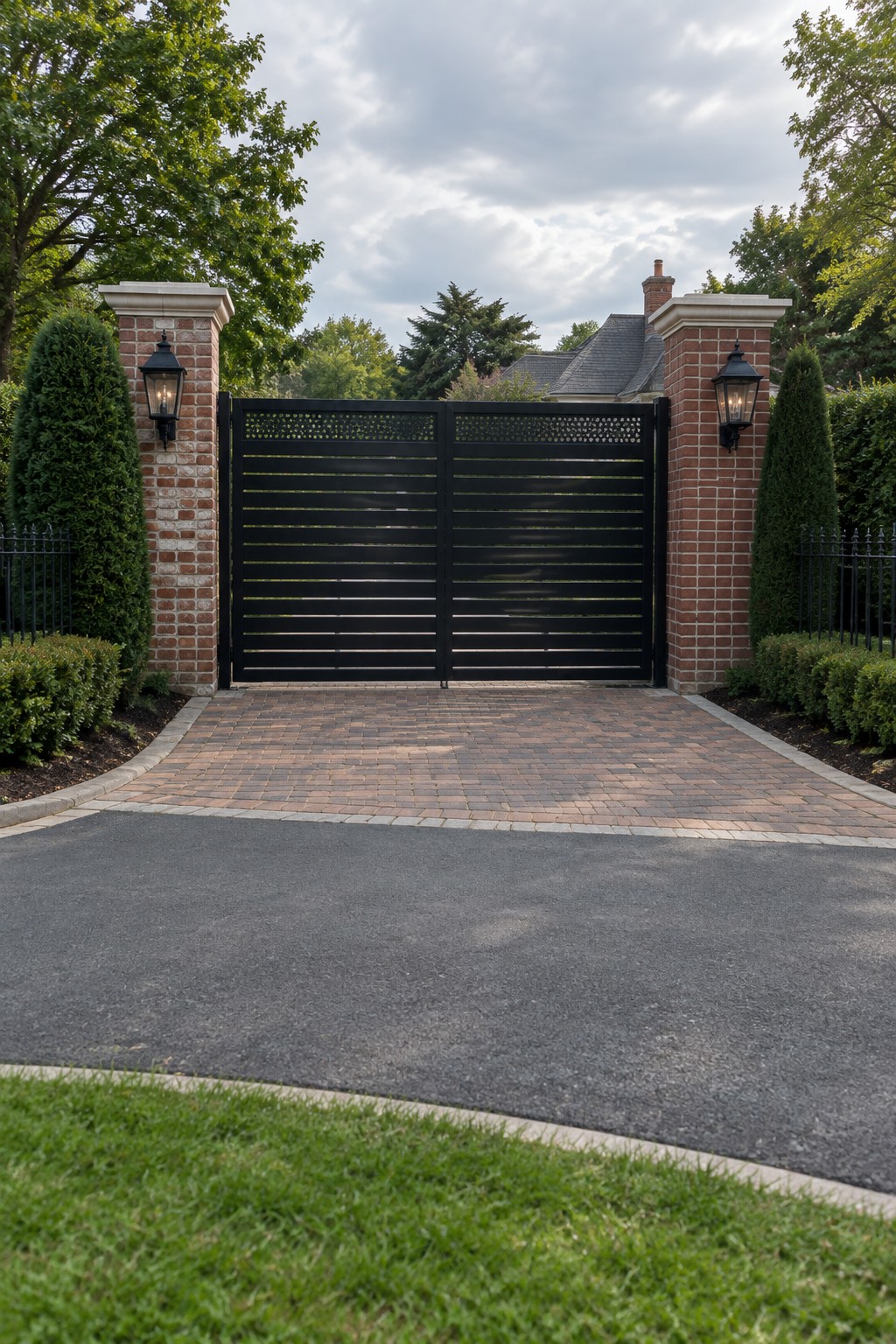 Black metal gate between brick pillars with lanterns on paved driveway