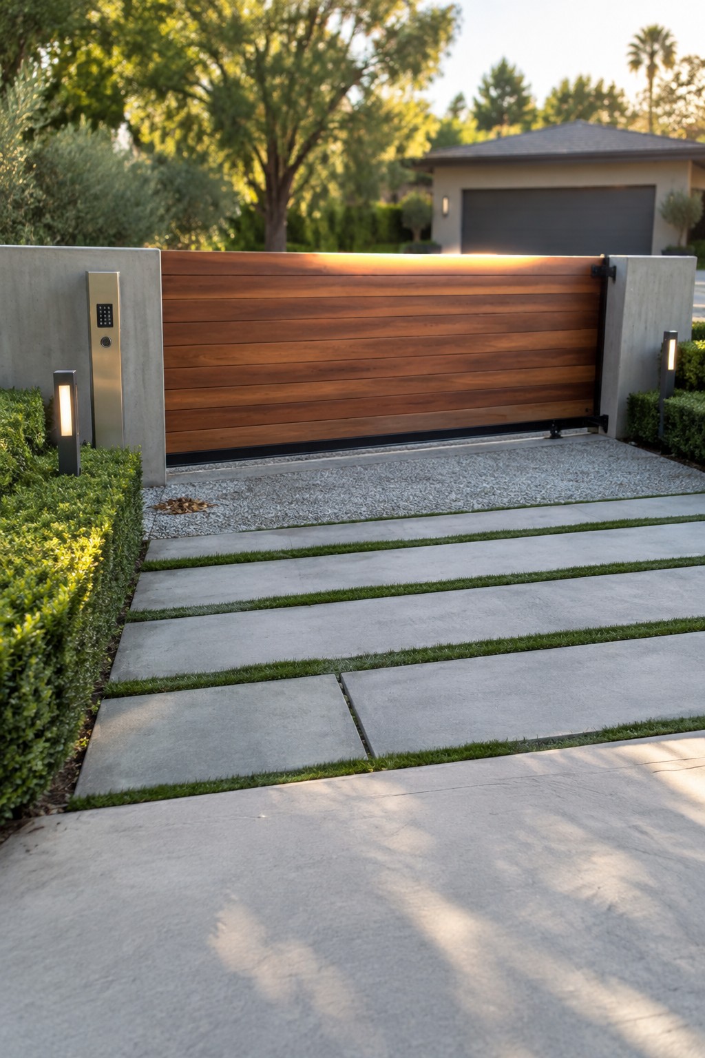 A wide wooden driveway gate with horizontal slats sits between concrete pillars, opening onto a concrete paver driveway with grass strips.