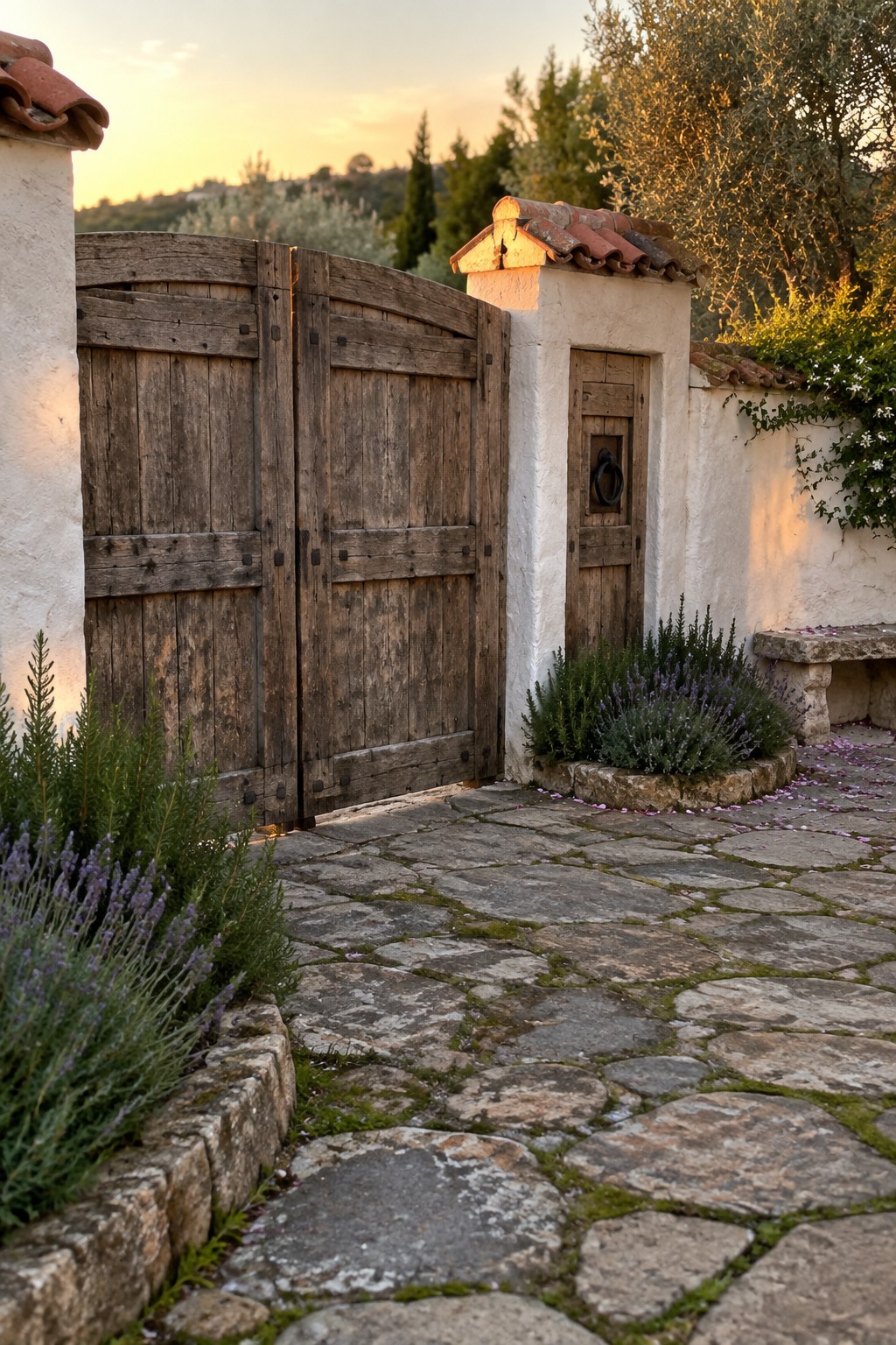 A pair of wide rustic wooden double gates set into a white stucco wall next to a smaller wooden pedestrian door, with lavender bushes and a cobblestone path in the foreground.
