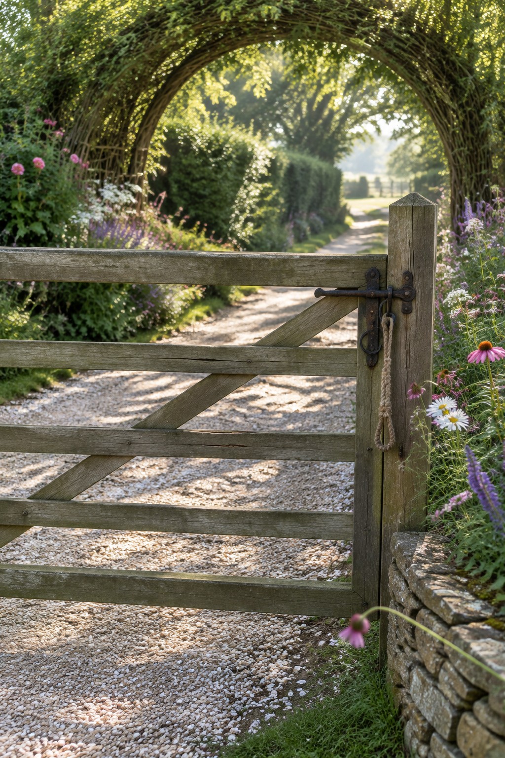 A wooden gate stands partially open on a gravel driveway beneath a leafy archway, with flowers and a low stone wall on either side.