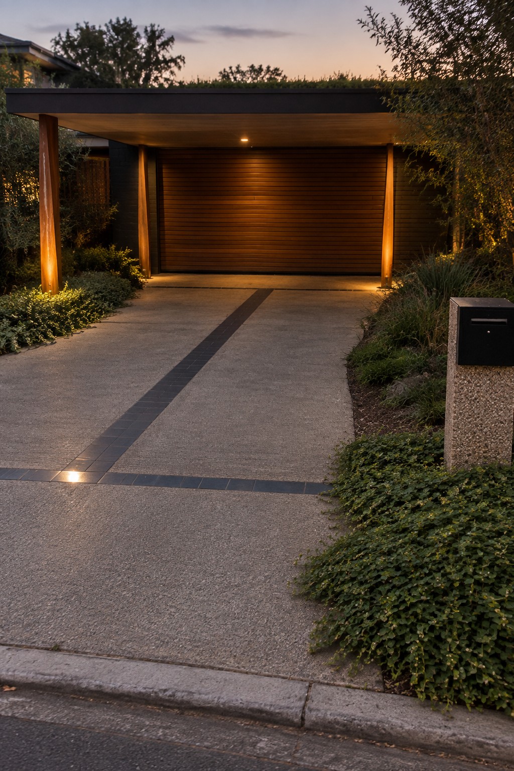 A modern carport with a horizontal wood garage door, wooden support pillars, and a concrete driveway featuring a dark central strip at dusk.