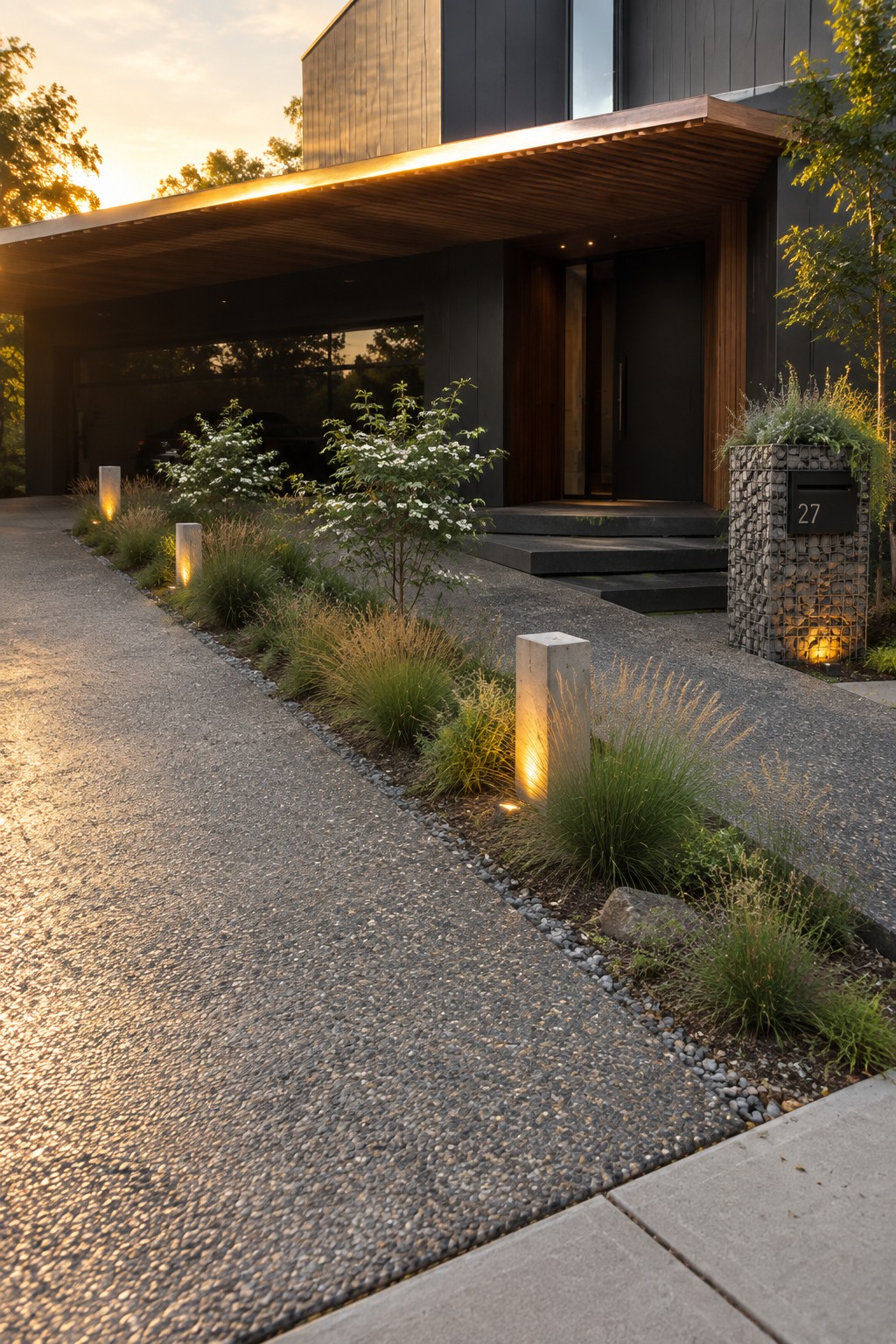 A modern dark house with a concrete driveway edged by a narrow strip of pebble stones, ornamental grasses, and cylindrical pathway lights at dusk.