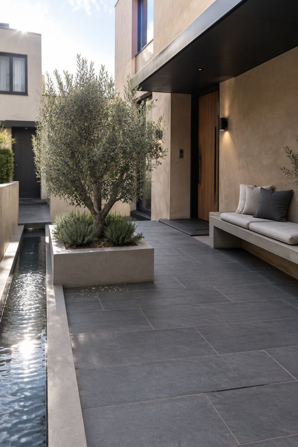 Modern home exterior showing a long concrete bench with cushions beside a large tree planter and narrow water channel in a paved courtyard.