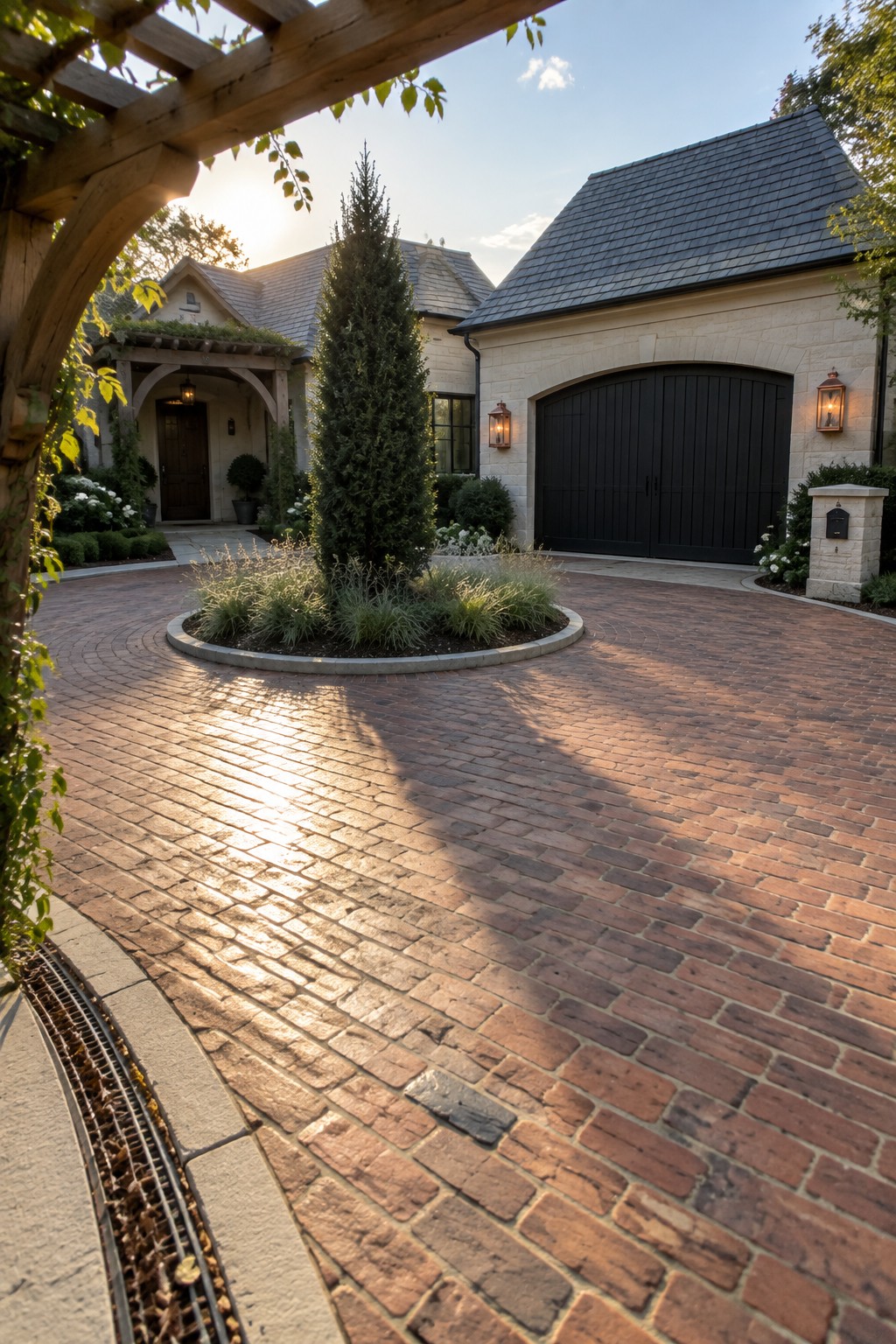 Curved brick driveway with a round central planting bed in front of a stone house with black garage doors and a wooden pergola.