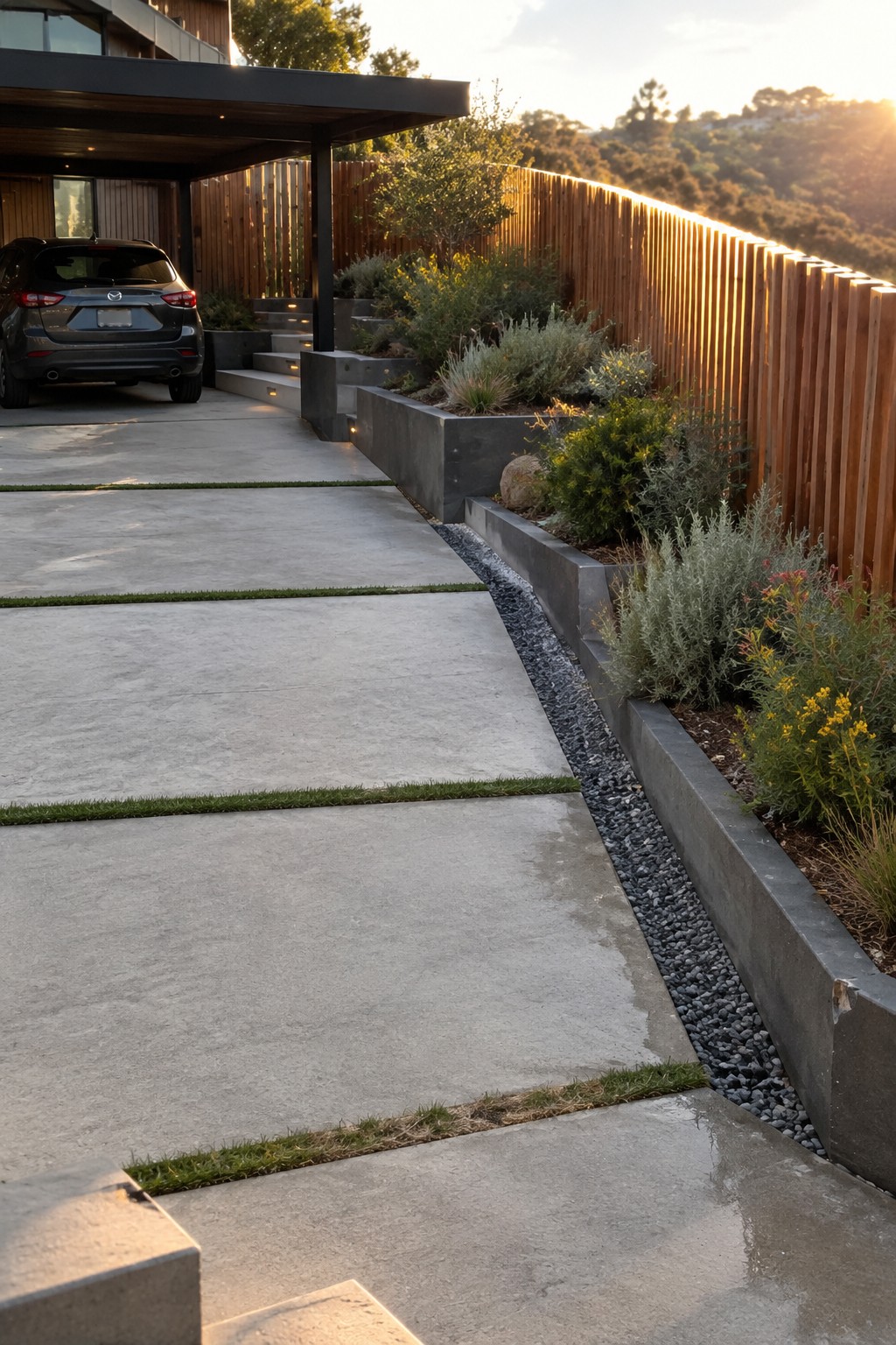 A modern driveway composed of large rectangular concrete pavers with narrow grass strips between them, bordered by gravel and raised concrete planters with shrubs next to a vertical wood fence.