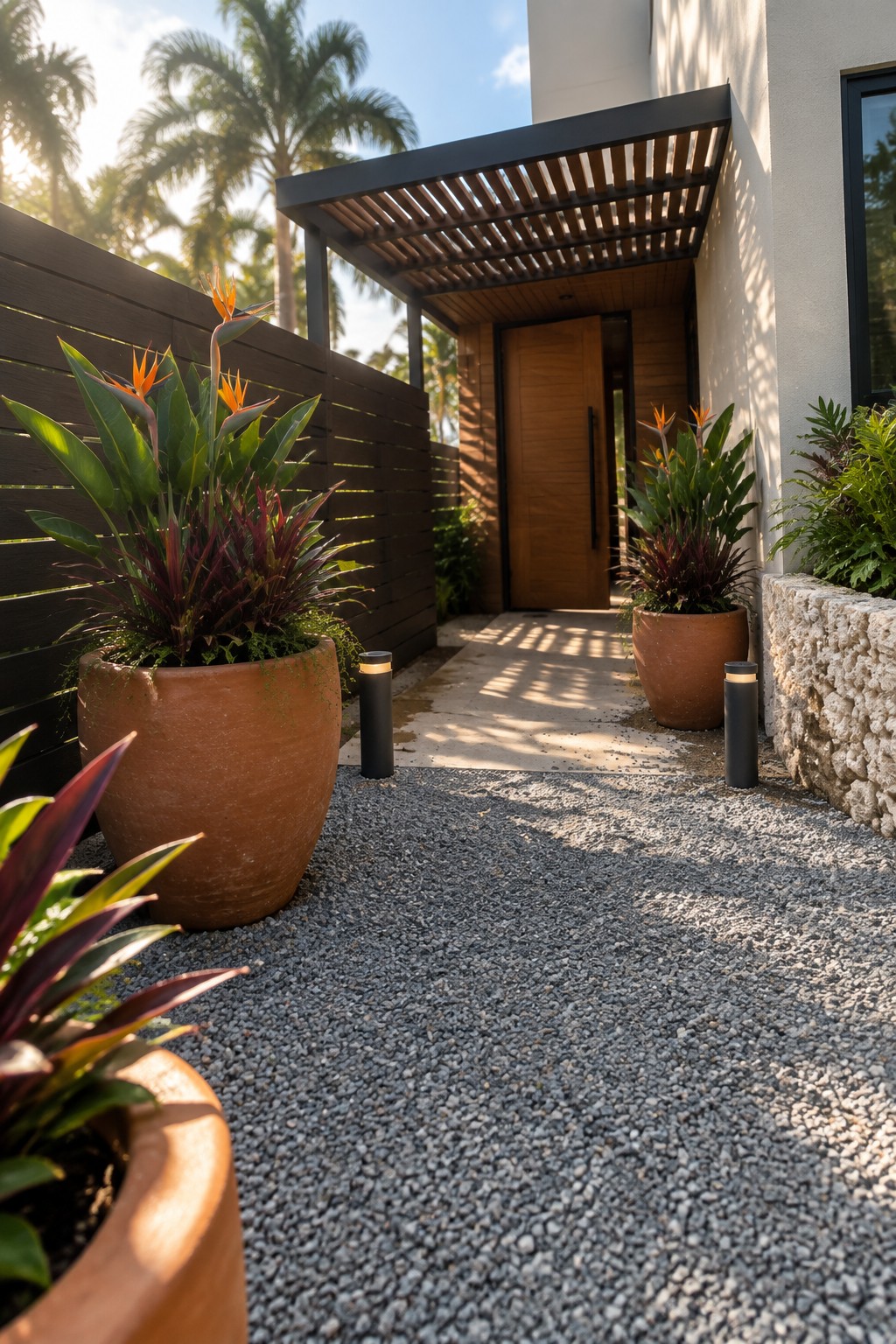 A modern home entrance with a concrete path bordered by gray gravel, large terracotta pots holding tropical plants, black bollard lights, and a wooden door under a slatted overhang.