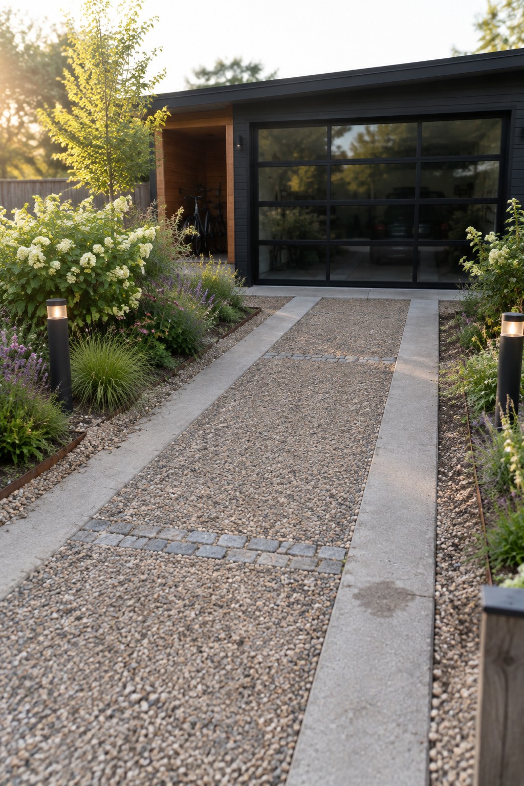 A modern dark house with a gravel driveway formed by two parallel concrete strips, cobblestone accents across the path, and landscaped beds with white flowering shrubs and black bollard lights on either side.