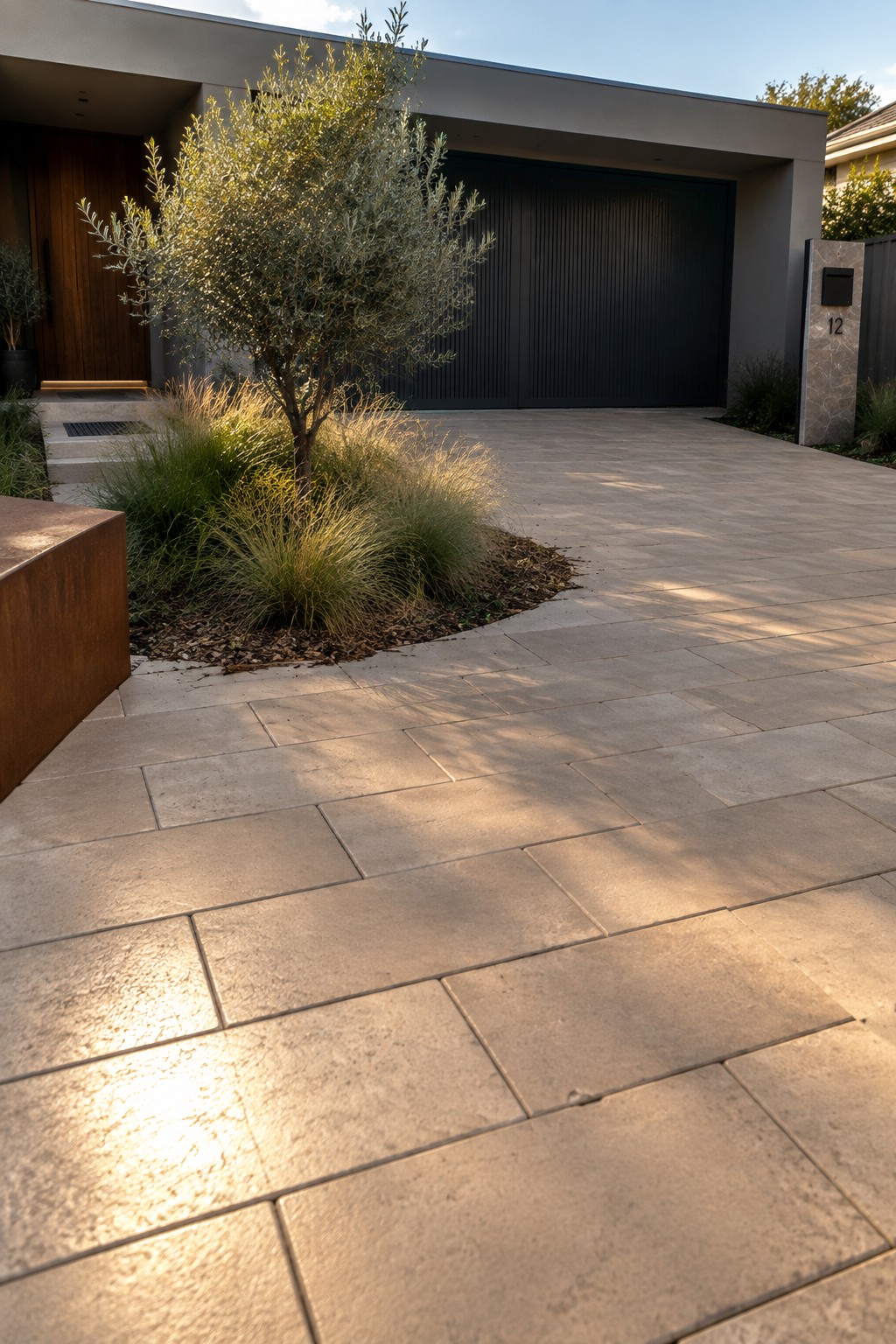 Modern house with light gray large pavers forming a driveway, a curved planted bed with grasses and a small tree beside a black garage door.