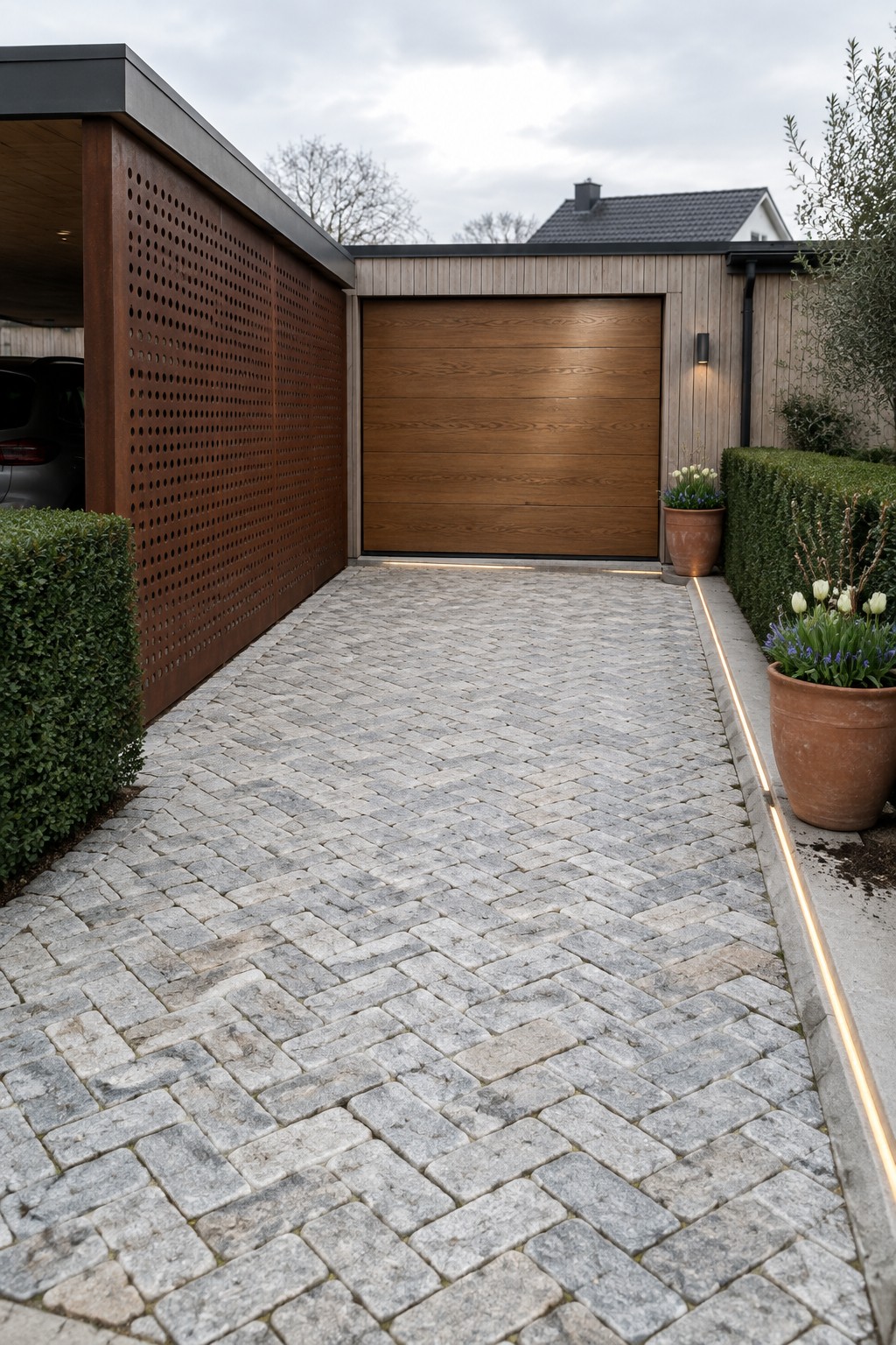 A small herringbone cobblestone driveway leads to a modern wooden garage door, bordered on both sides by thin linear ground lights, with a perforated metal screen on the left and potted plants on the right.