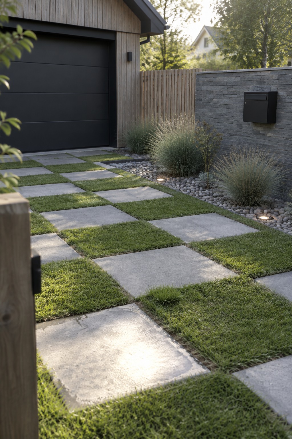 Rectangular concrete pavers set in a grid pattern with grass growing between them, forming a driveway that leads past a black garage door and a stone wall with a mailbox.