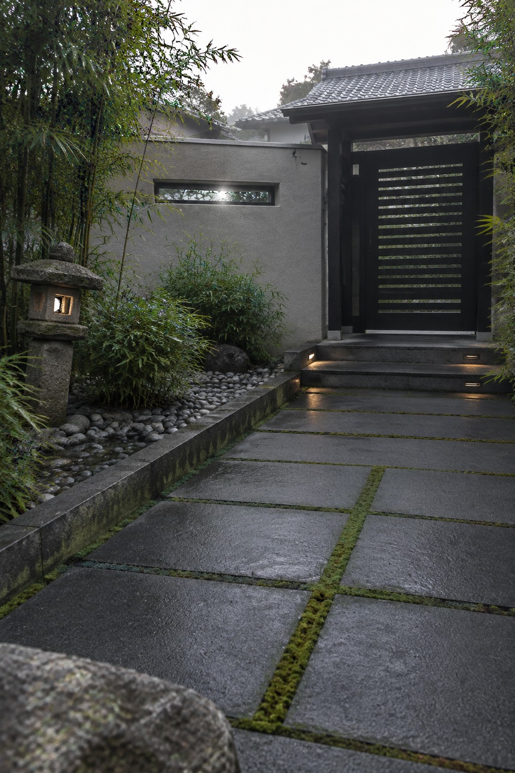 Stone pavers with moss in the joints form a path leading to a dark slatted gate, with a stone lantern and bamboo plantings on the left.
