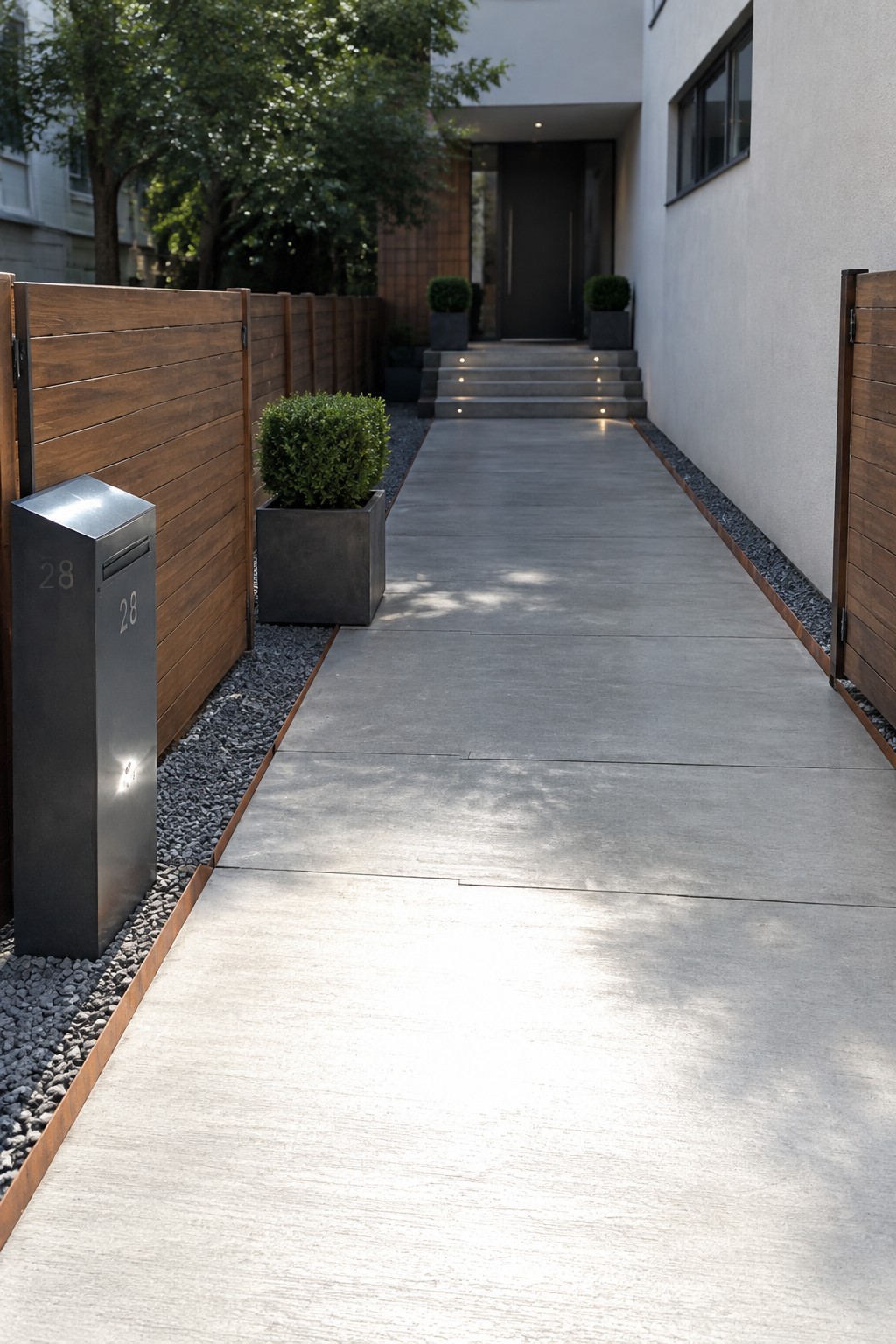 Modern concrete walkway to dark door with wooden fence, mailbox 28, and potted plants