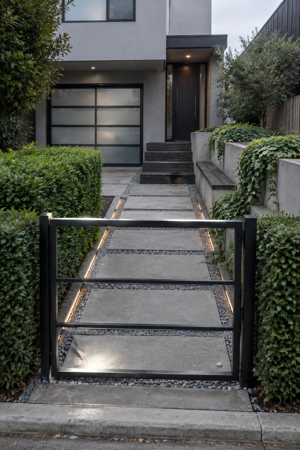A front walkway made of rectangular concrete pavers bordered by gravel and low lights, leading past green hedges to dark steps and a black front door on a modern house.