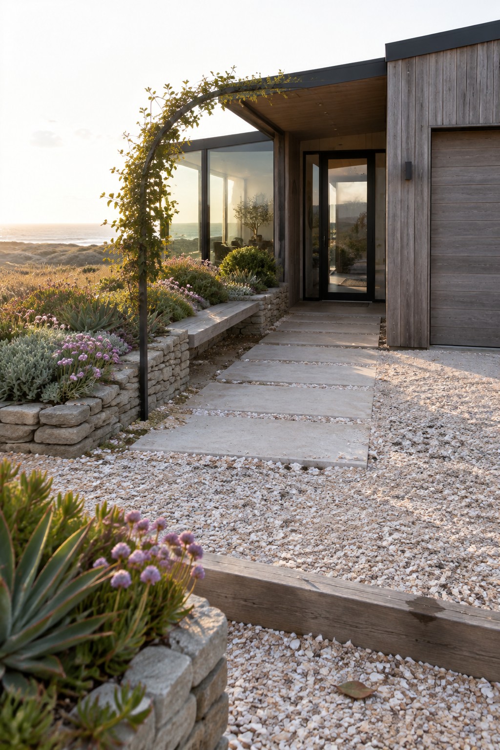 A modern house entrance with large rectangular concrete pavers set into white gravel, leading to black-framed glass doors, with stone retaining walls holding flowering plants and shrubs on either side.