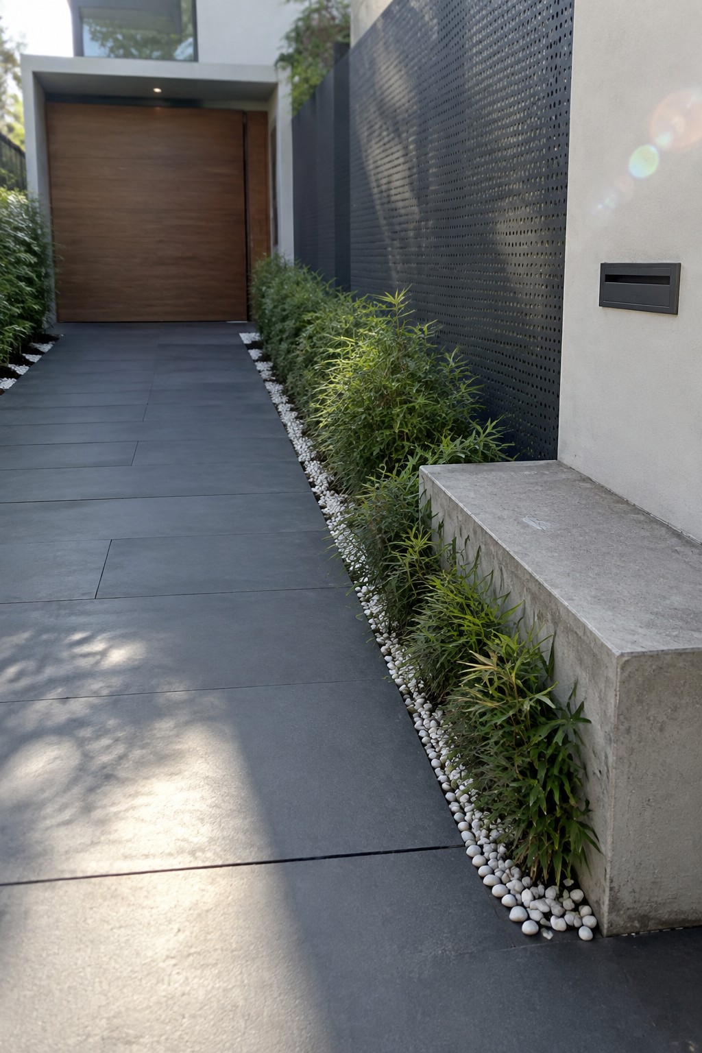 Modern pathway with dark tiles, wood door, perforated wall, plants and concrete bench