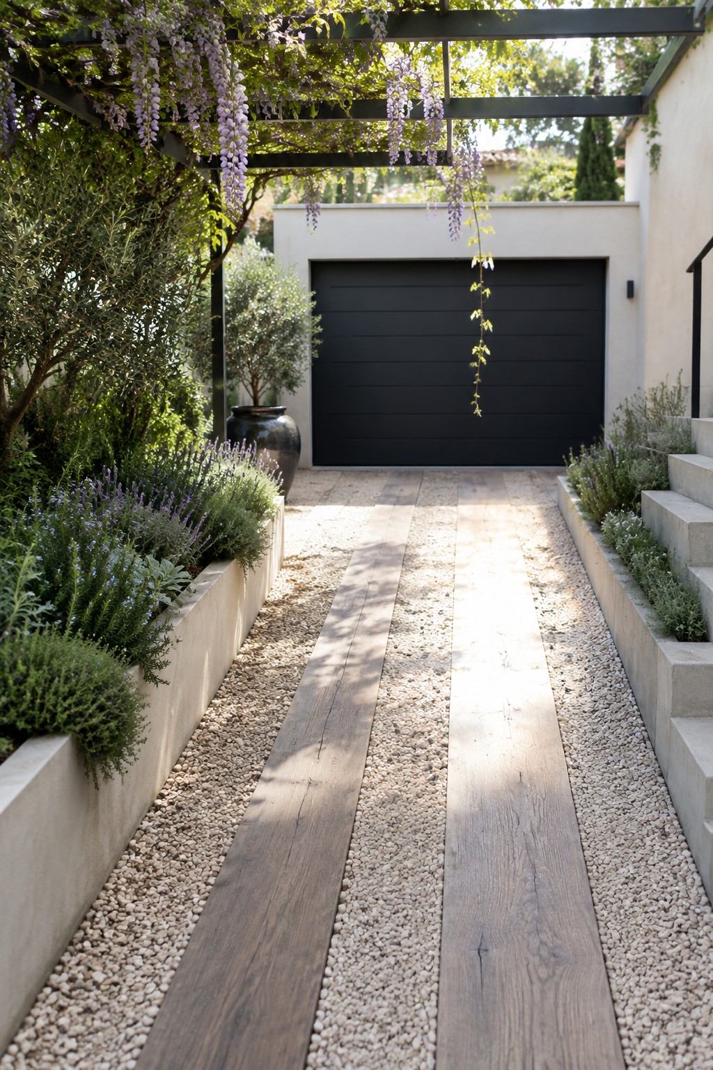 A modern driveway shows three parallel wooden planks running through light gravel between concrete planter beds with green and purple plants, leading to a black garage door under a pergola.