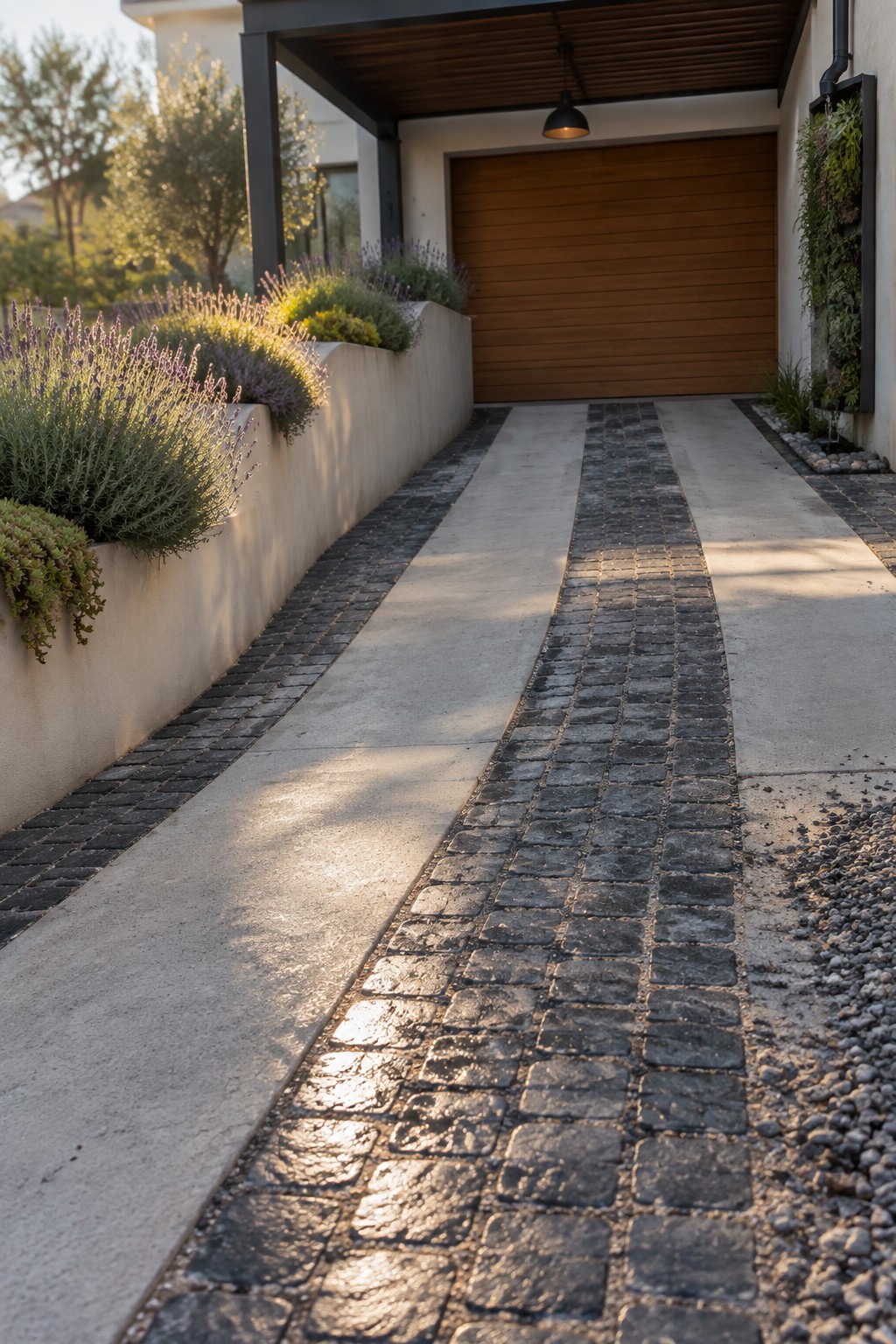 Modern driveway with central cobblestone path, concrete walks, and lavender planters.