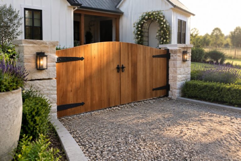16 Warm Wooden Driveway Gate Ideas Featuring Natural Wood Details Wooden double gate with black hardware between stone pillars on gravel driveway at dusk.