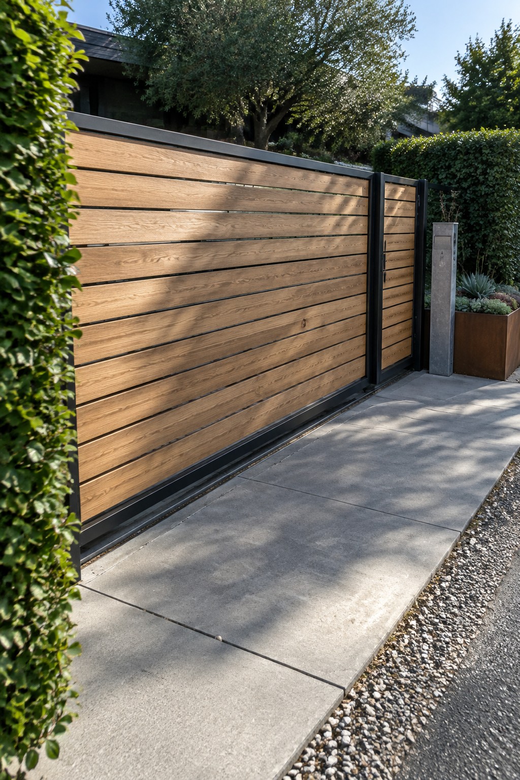 A long wooden driveway gate with horizontal slats in a black metal frame next to a concrete path.