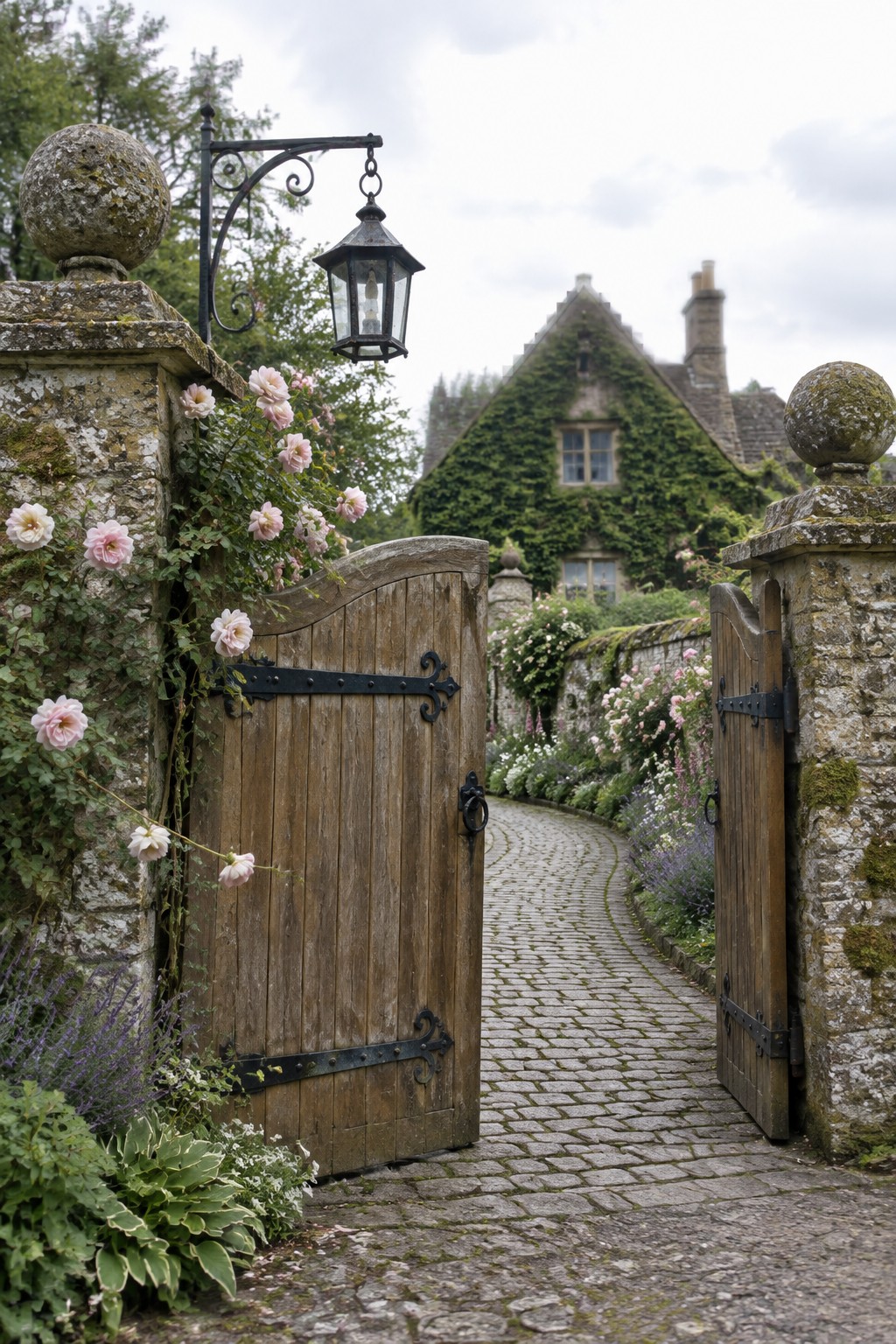 Open wooden driveway gates between moss-covered stone pillars, with climbing roses on the left and a cobblestone path leading to an ivy-covered house.