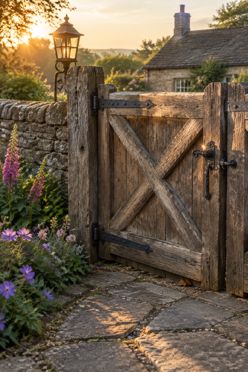 Rustic wooden gate ajar by lantern, stone wall, and purple flowers at sunset