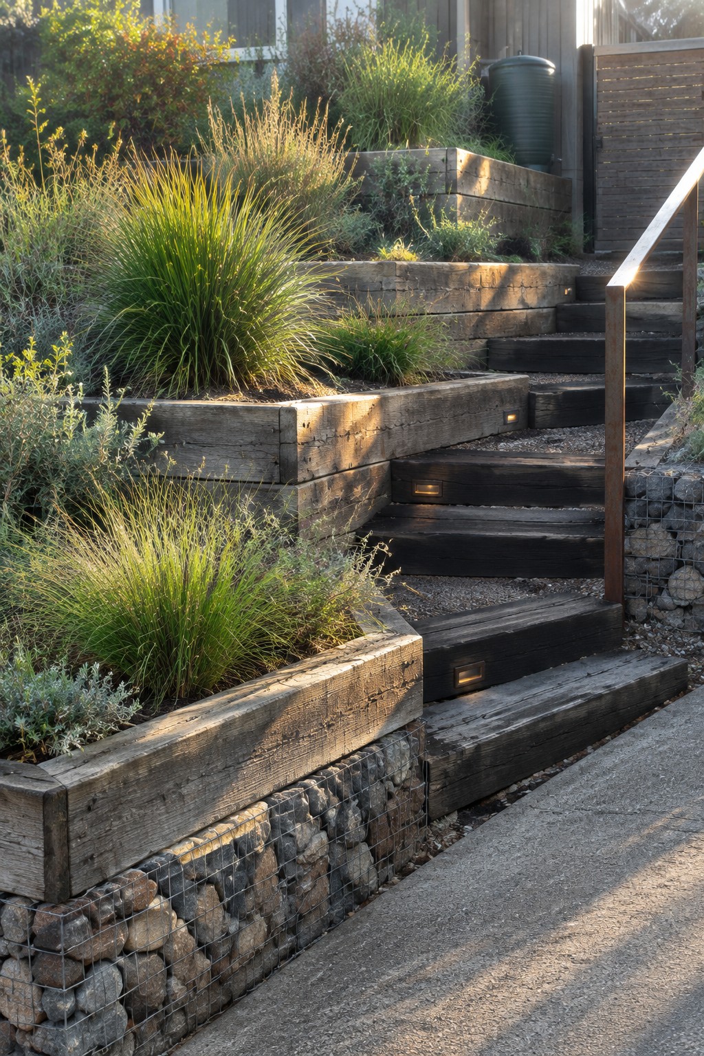 Wooden stairs with built-in raised planters made of reclaimed timber and gabion stone walls, bordered by low grasses and small pathway lights.