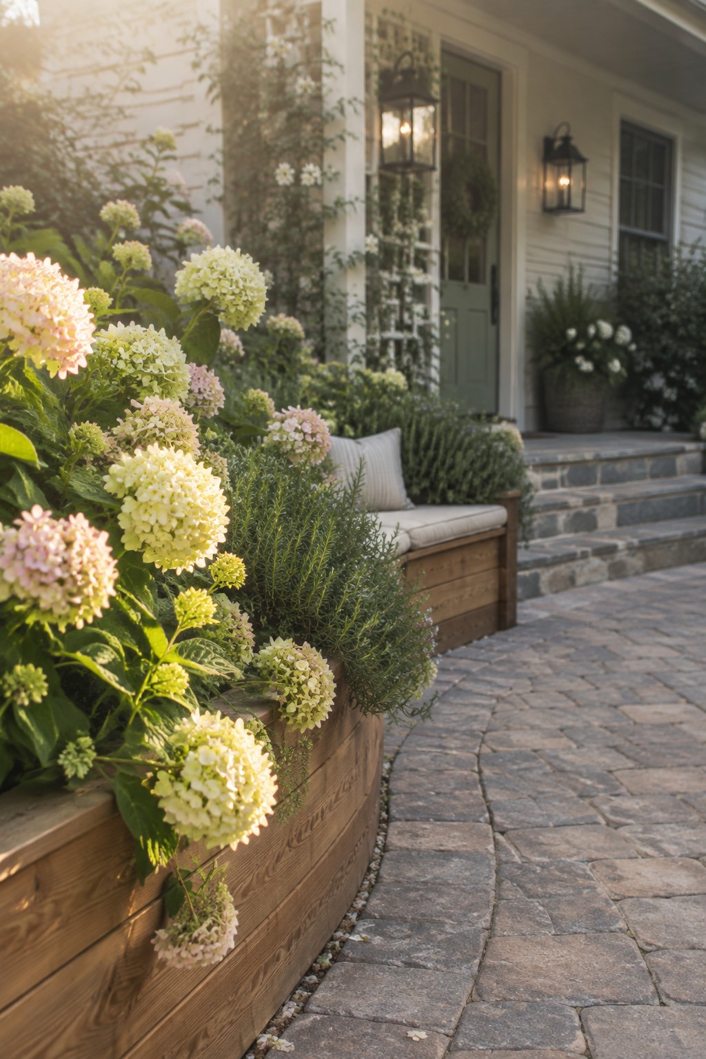 A front entrance with wooden raised planters filled with hydrangeas lining a cobblestone path that leads to stone steps and a green door.