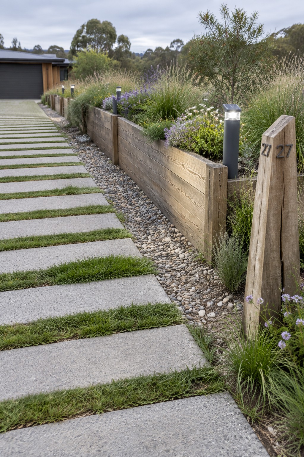 A concrete paver driveway with grass joints runs beside a long wooden raised planter filled with grasses and flowers, with gravel edging and a solar light visible.