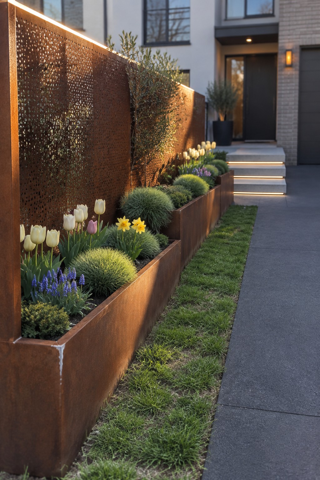 A long raised corten steel planter filled with tulips, daffodils, shrubs, and grasses runs beside a paved walkway next to a modern house entrance.
