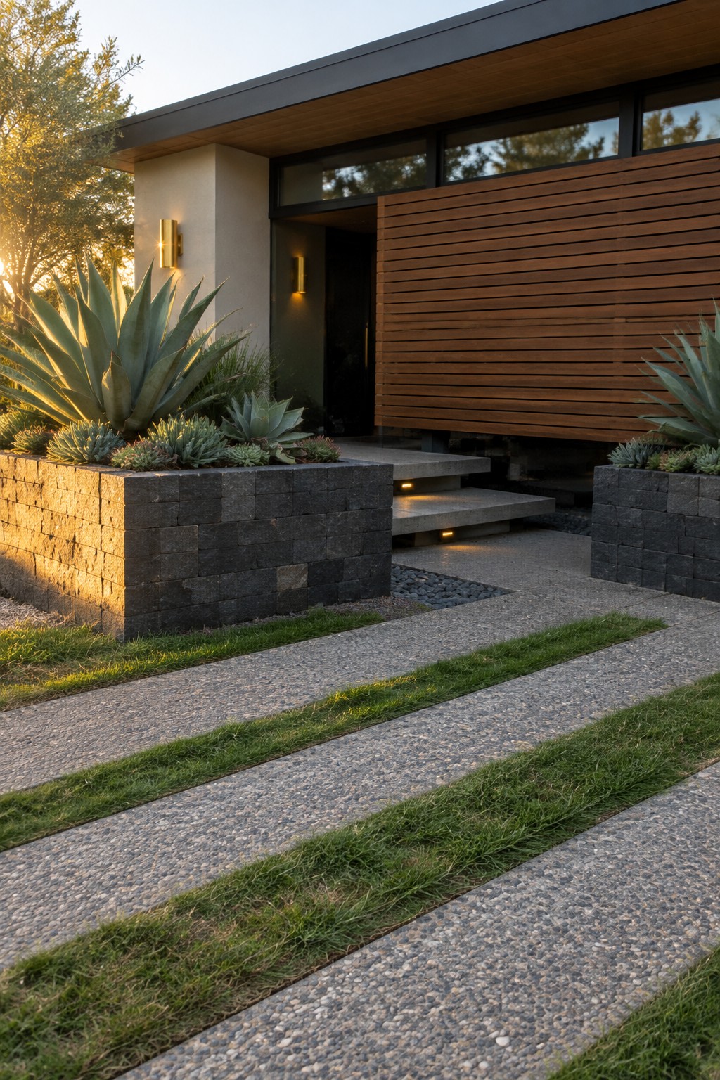 Modern home entrance with agave planters, wooden slats, grass-lined pebble path and lit steps