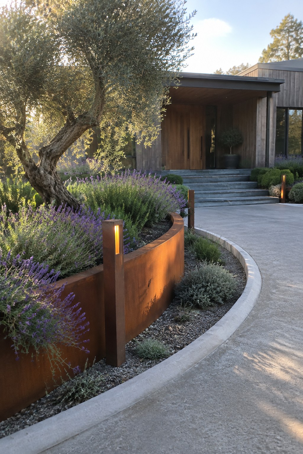 A modern home with a curved raised planter made of rusted metal along a concrete driveway, filled with lavender and other shrubs.