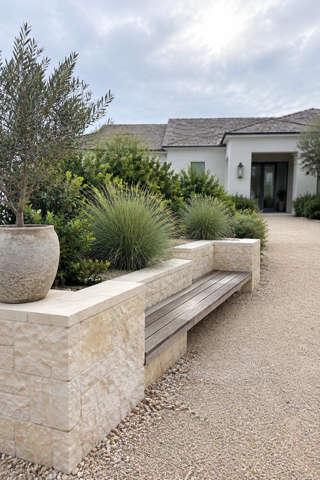 Modern home driveway entrance with light stone raised planters, an integrated wooden bench, gravel surface, and a large potted tree on the left.