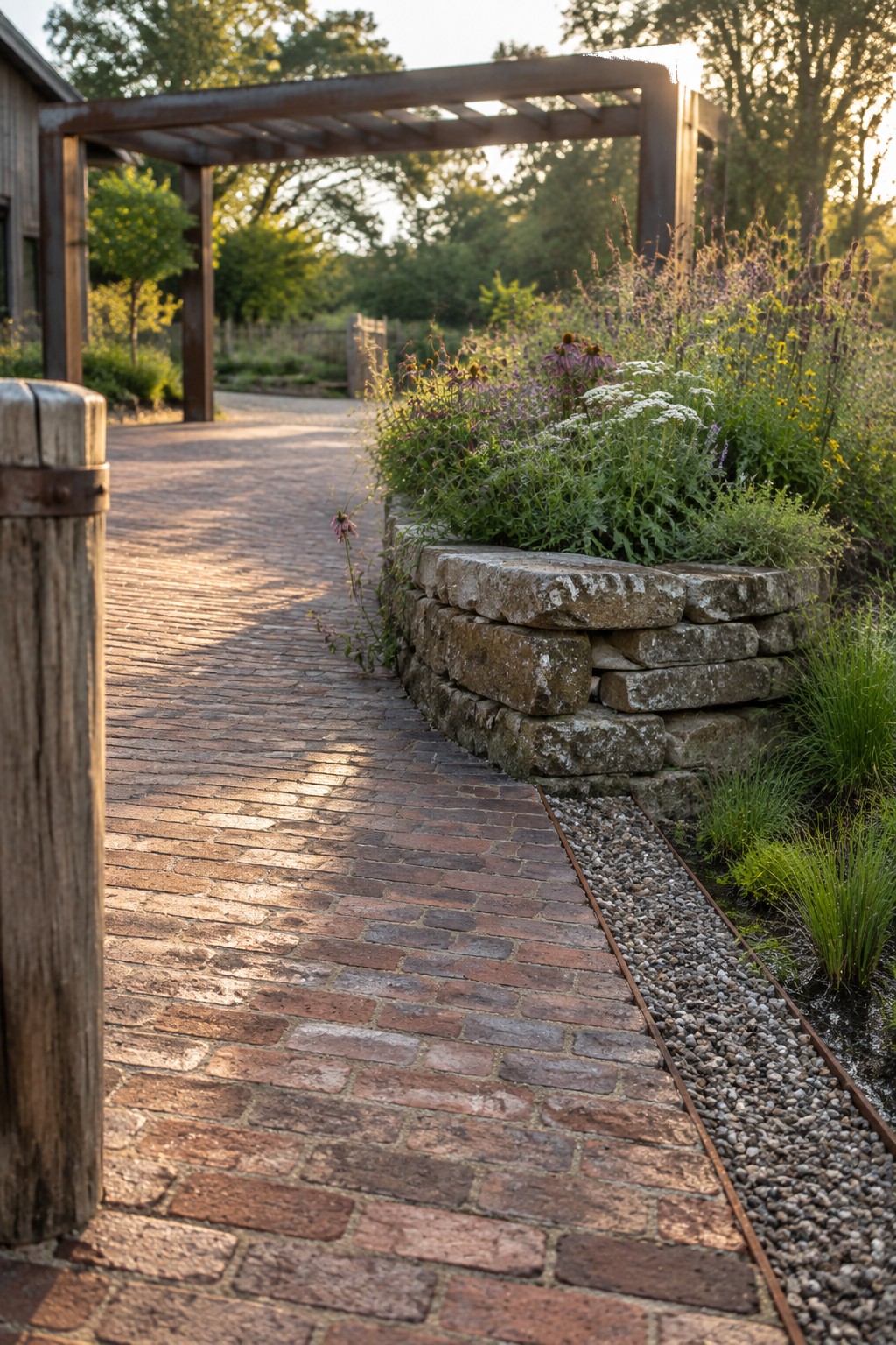 A curving brick driveway runs beside a low stacked-stone raised planter filled with green foliage and colorful flowers, next to a gravel strip and wooden posts.