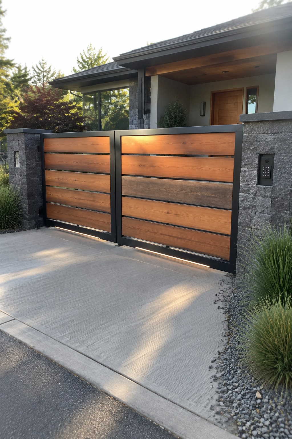 A modern driveway gate featuring horizontal wood slats in a black metal frame, positioned between stone pillars in front of a contemporary house.