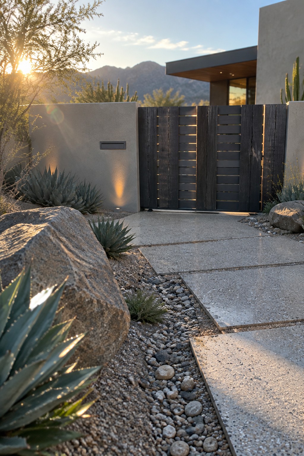 A dark wood driveway gate with horizontal slats set in a light concrete wall, next to a modern house with desert plants and a gravel path in front.