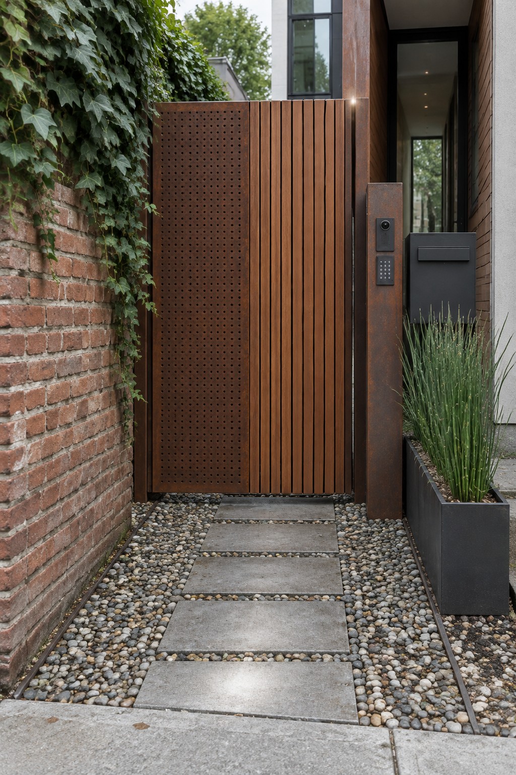 A driveway gate with a perforated rusted metal panel on the left and vertical wood slats on the right, flanked by a brick wall with ivy and a gravel path with stepping stones.