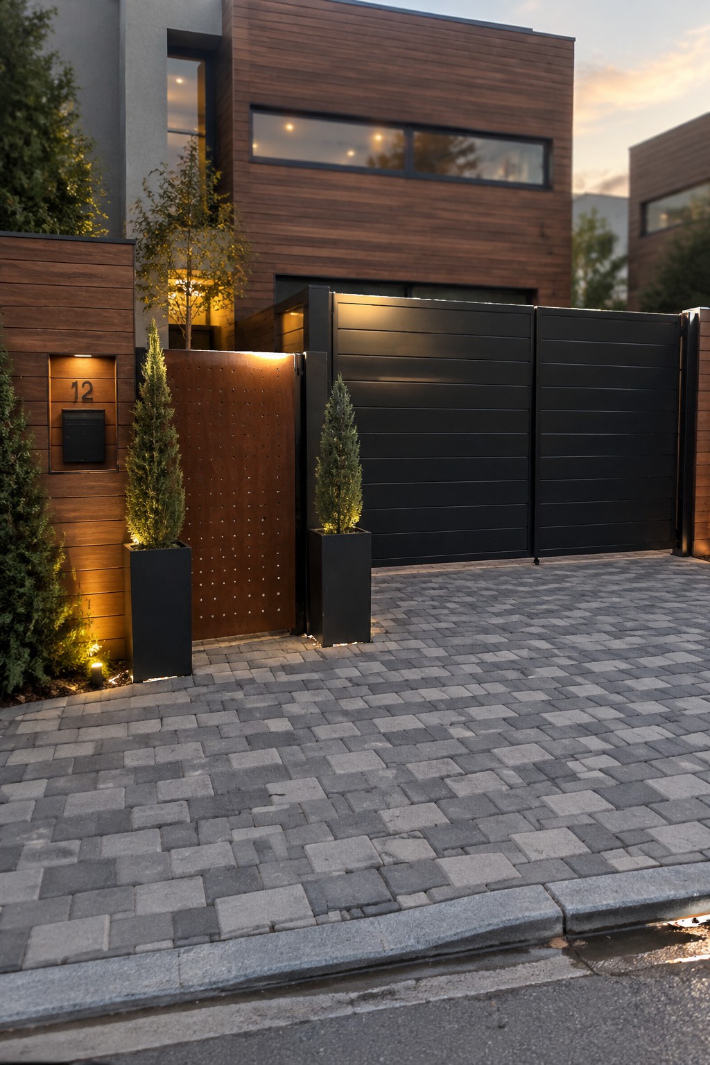 Modern house entrance with black metal gate, wood panel numbered 12, and potted evergreens.