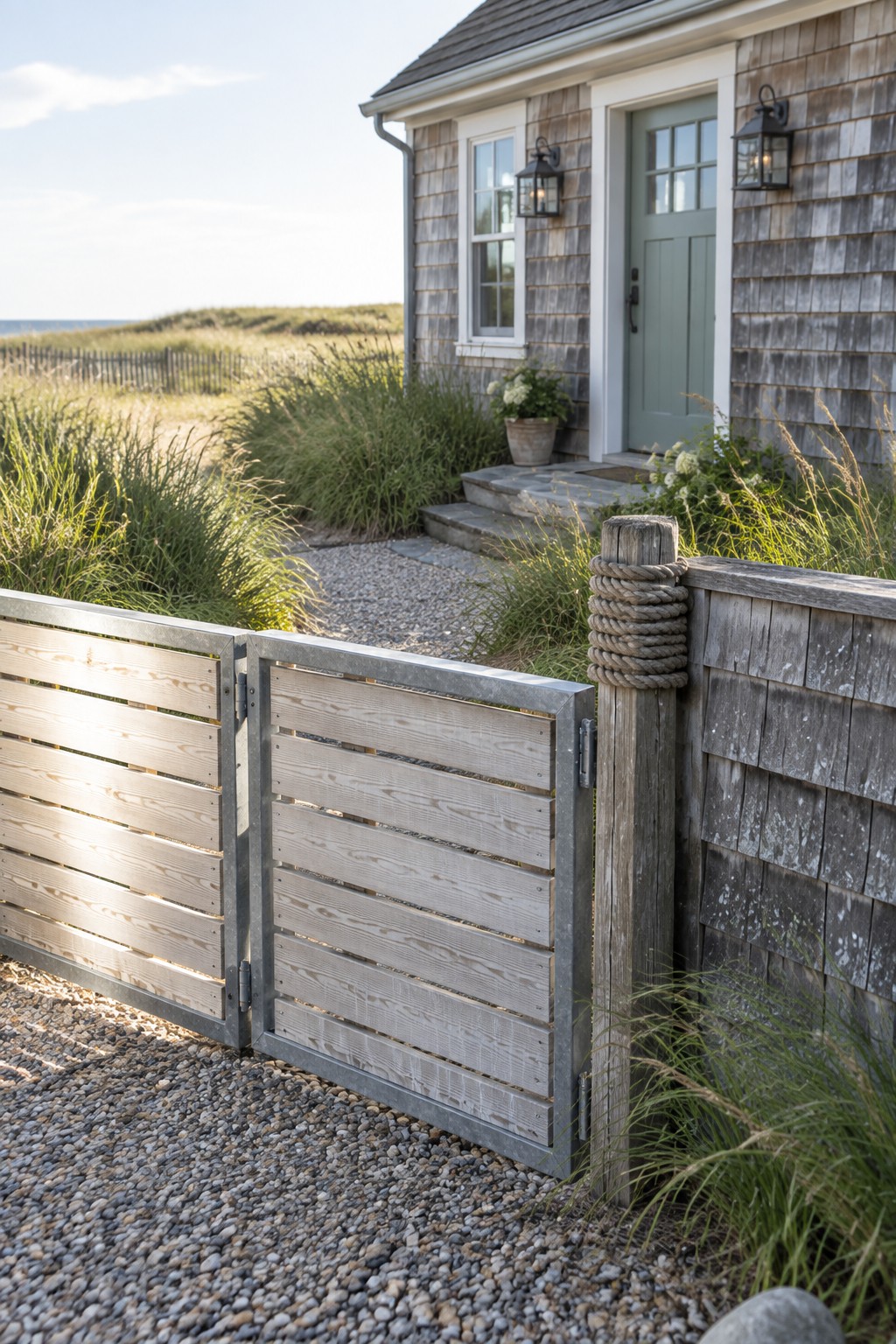 A wooden slat gate with a metal frame stands partially open on a gravel driveway next to a shingled house with a green door.