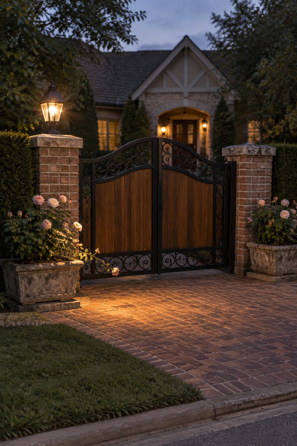 A wooden driveway gate with black metal scrollwork stands open between brick pillars on a brick-paved driveway, with a house visible behind it.