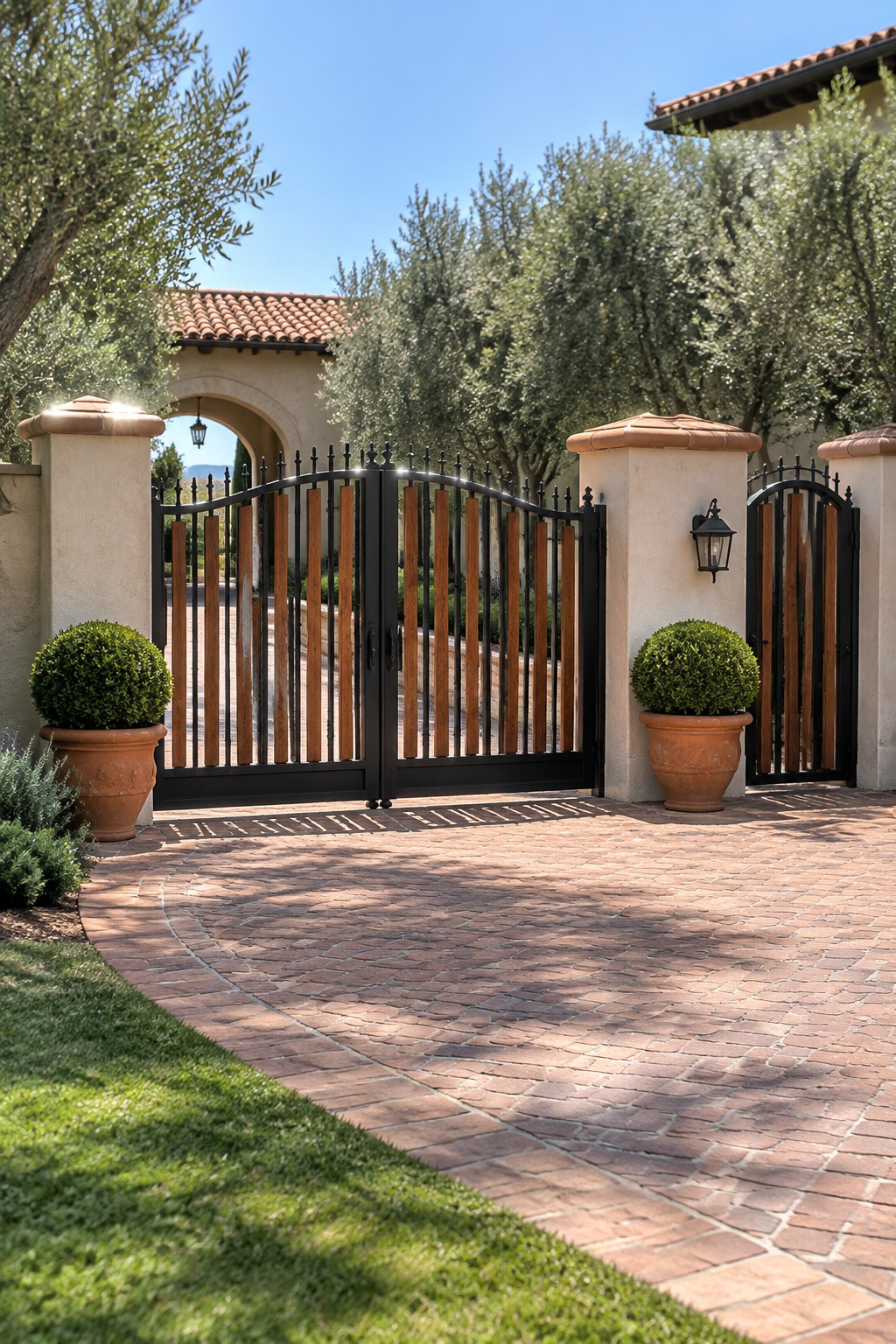 A black metal driveway gate with vertical wood panels stands open between stone pillars topped with terracotta, flanked by potted shrubs on a brick driveway.